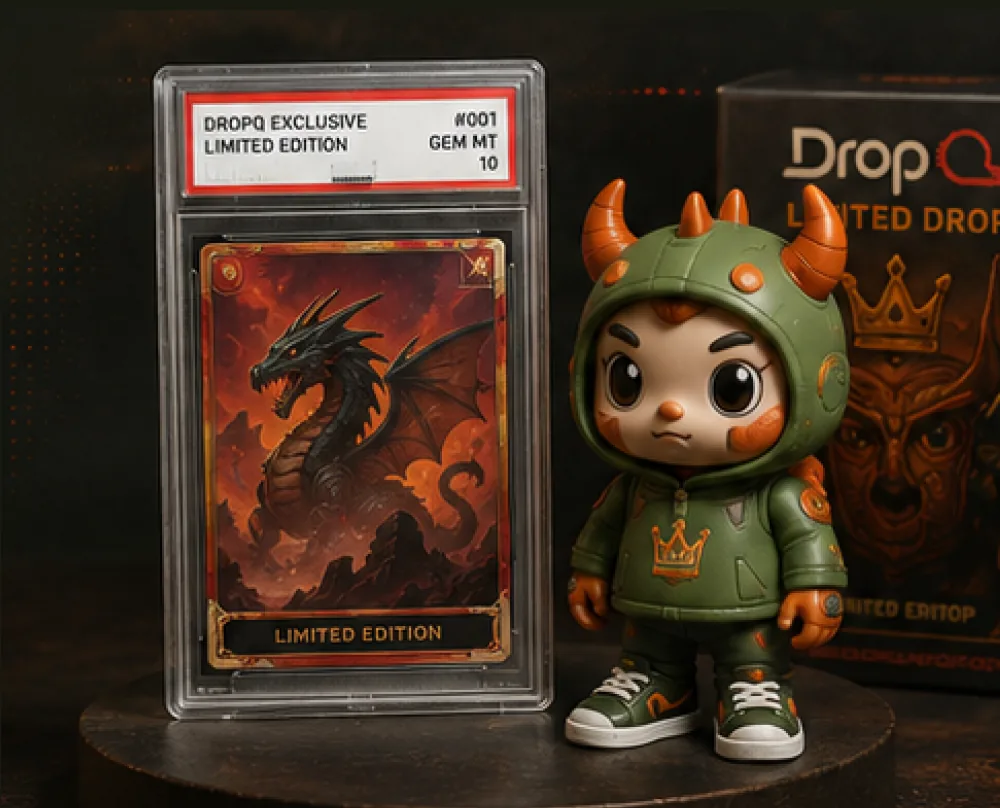 A limited-edition collectible and a graded trading card staged for a timed product drop.