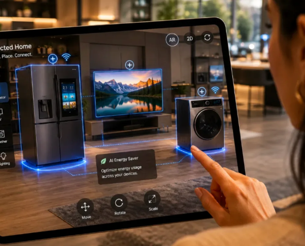 An in-store tablet running an augmented-reality demo of connected home appliances.