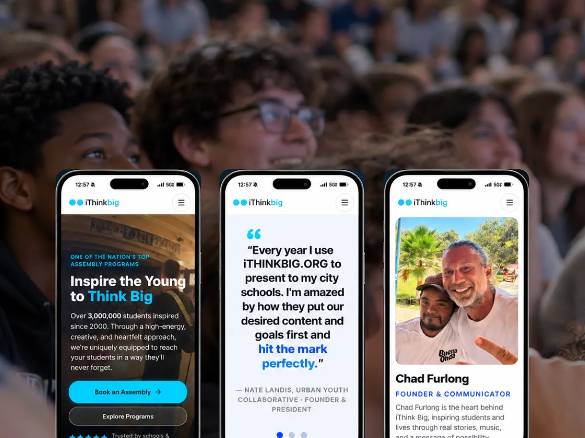 Three phone screens from the iThink Big site over an audience of students at a school assembly.