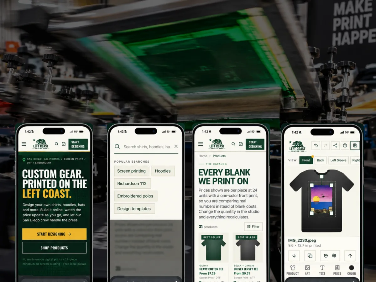 Four phone screens from the Left Coast Printing Pros site in front of a screen-printing press.