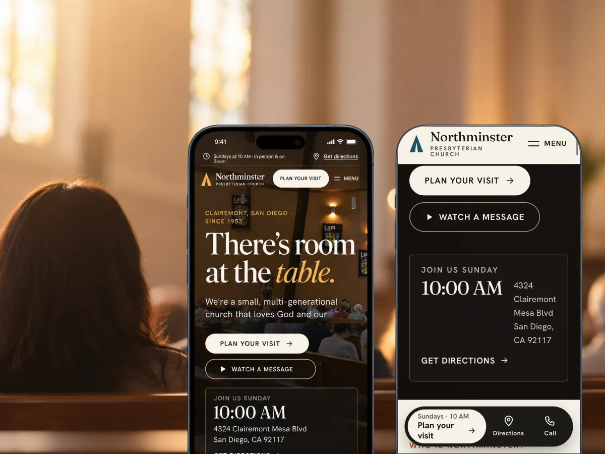 Two phone screens from the Northminster site over a woman seated in the sanctuary during a Sunday service.
