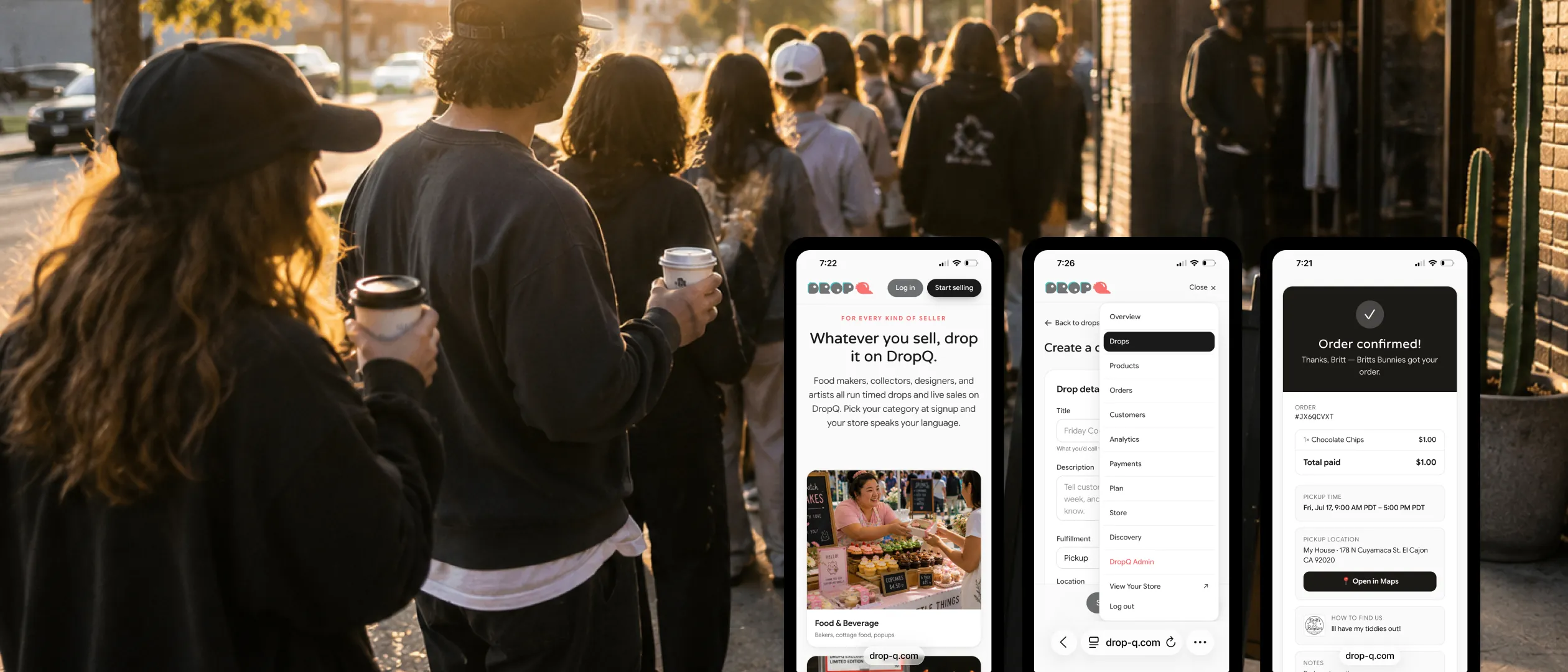 The DropQ vendor flow — login, dashboard, creating a drop, and a confirmed order with pickup details