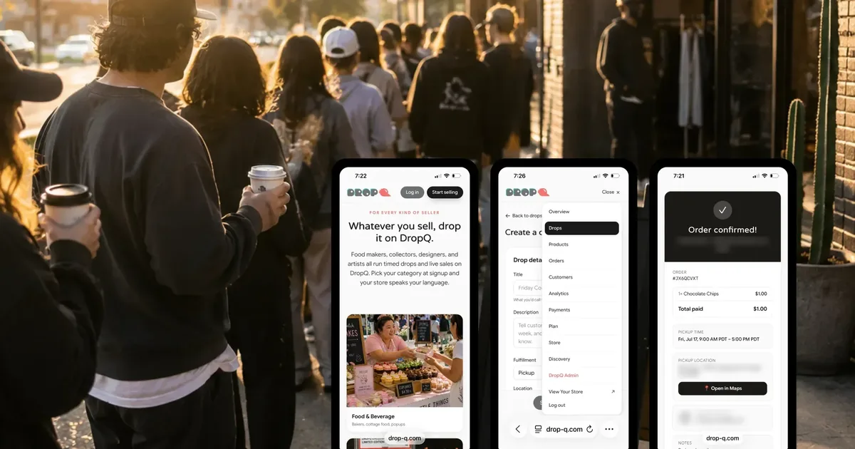 DropQ on three phones: a seller storefront, drop creation and a confirmed order