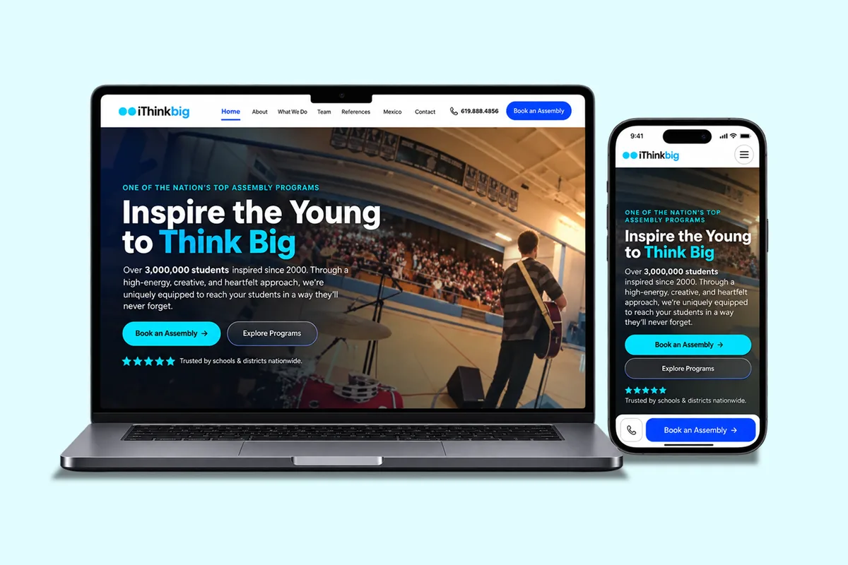 The iThink Big homepage on a laptop and a phone, with footage of a live assembly behind the headline.