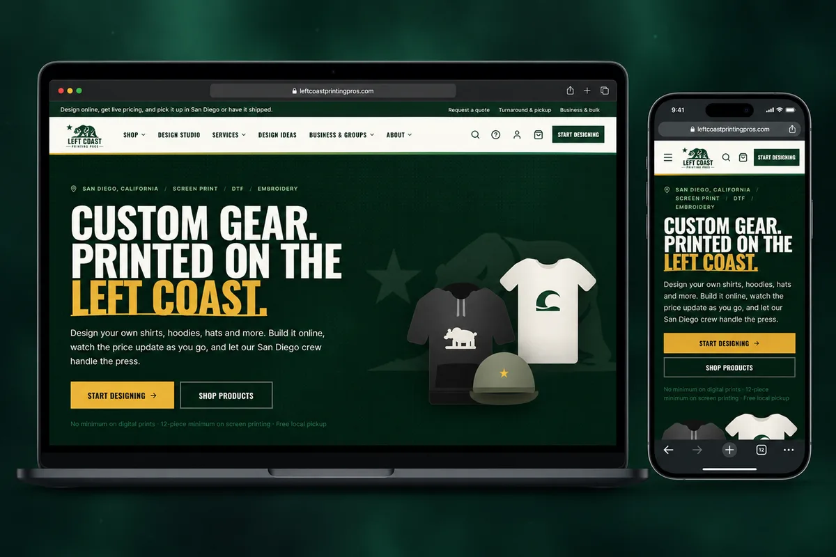 The Left Coast Printing Pros homepage on a laptop and a phone: 'Custom gear. Printed on the Left Coast.'