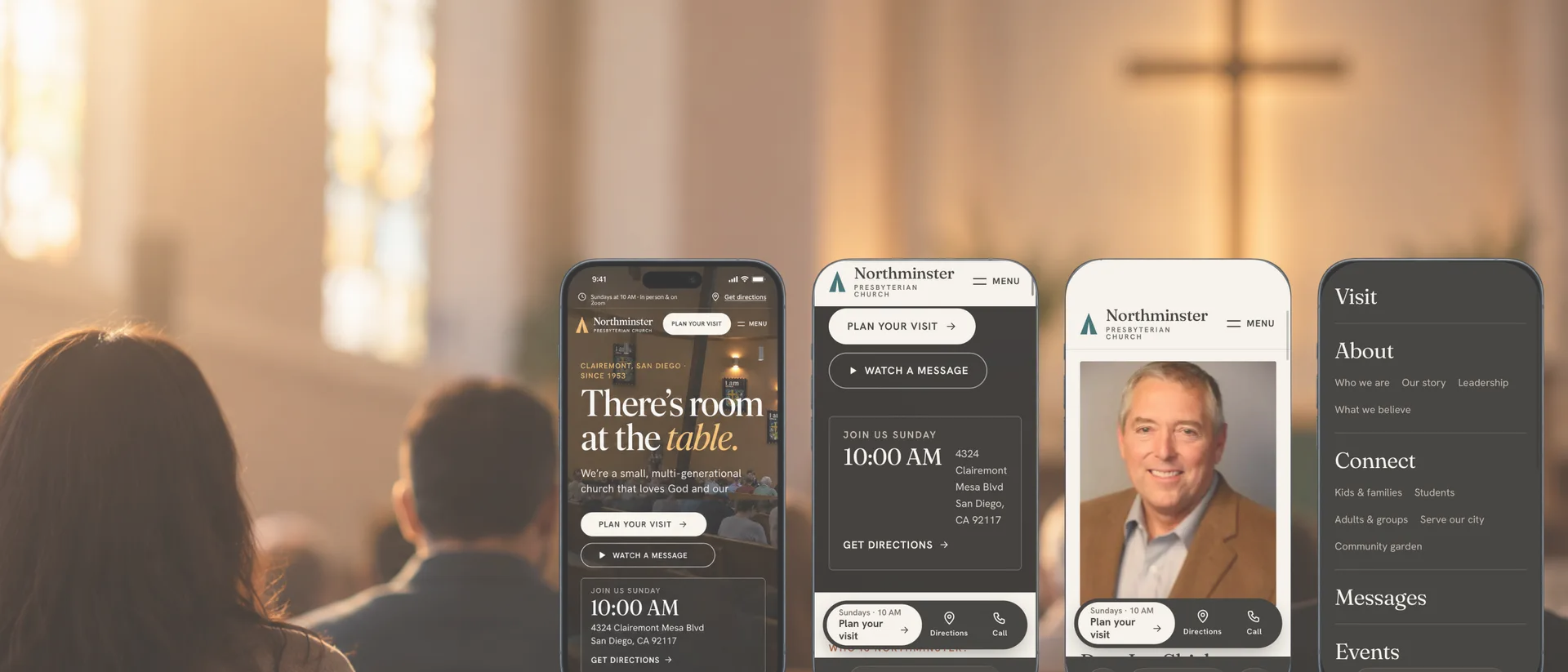Four phone screens from the Northminster site — the hero, plan your visit, the leadership page and the menu — over a Sunday service in the sanctuary.