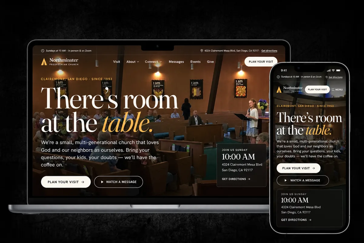 The Northminster homepage on a laptop and a phone: “There’s room at the table.”