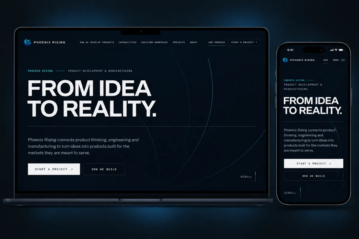 The Phoenix Rising homepage on a laptop and a phone: 'From idea to reality'.