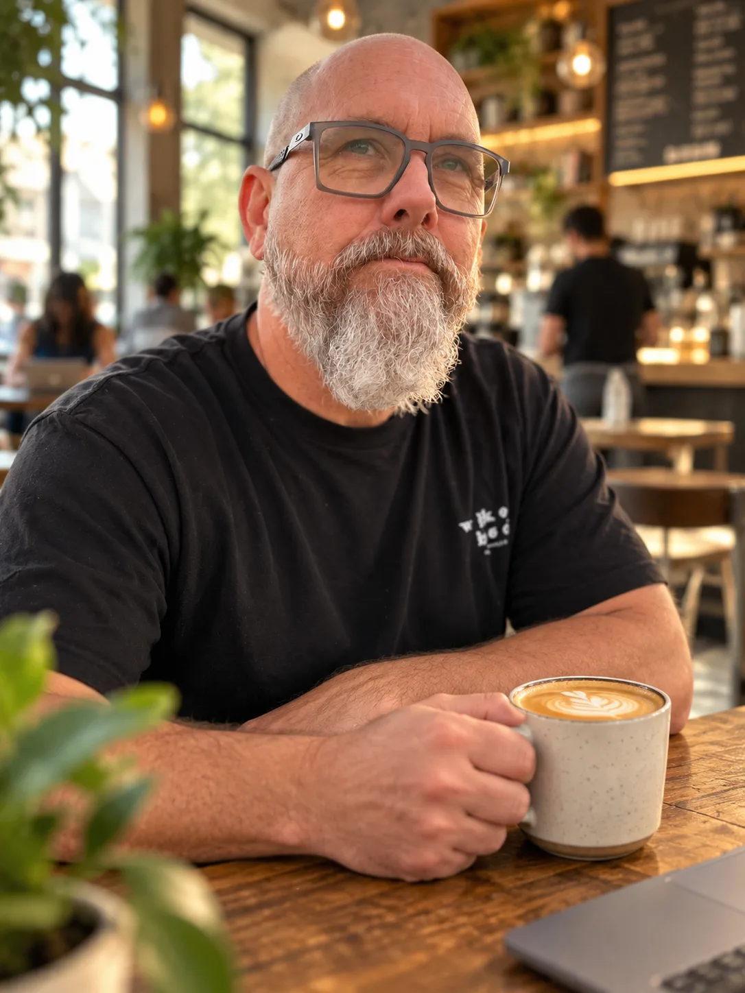 Rob Chapman at a table in his coffee shop, holding a latte.